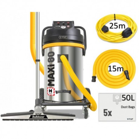 80L H-Class 240v 3500w Dust Extraction Vacuum Cleaner - 450 mm WIDE Bulldoser Head & 15Metre Hose & 25M "Motor Saver"